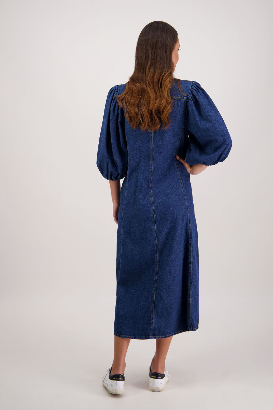 Rafferty Denim Dress by Briarwood NZ. 100% cotton dress, 3/4 sleeves, button through full length with no collar, stitched shaped panels front & back