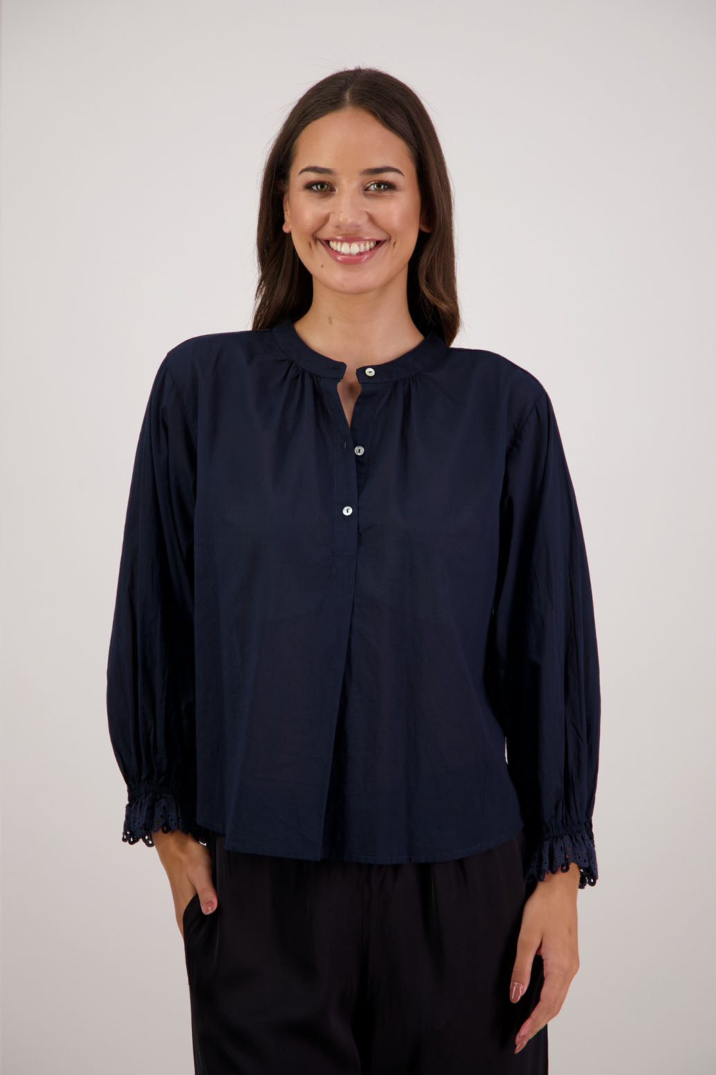 Briarwood NZ. Ink/Dark Blue Long sleeve shirt with 4cm lace trim sleeve.