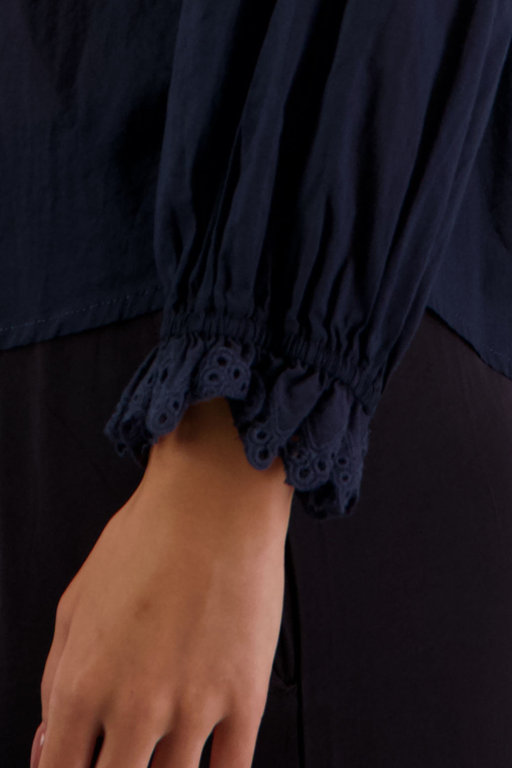 Briarwood NZ. Ink/Dark Blue Long sleeve shirt with 4cm lace trim sleeve.