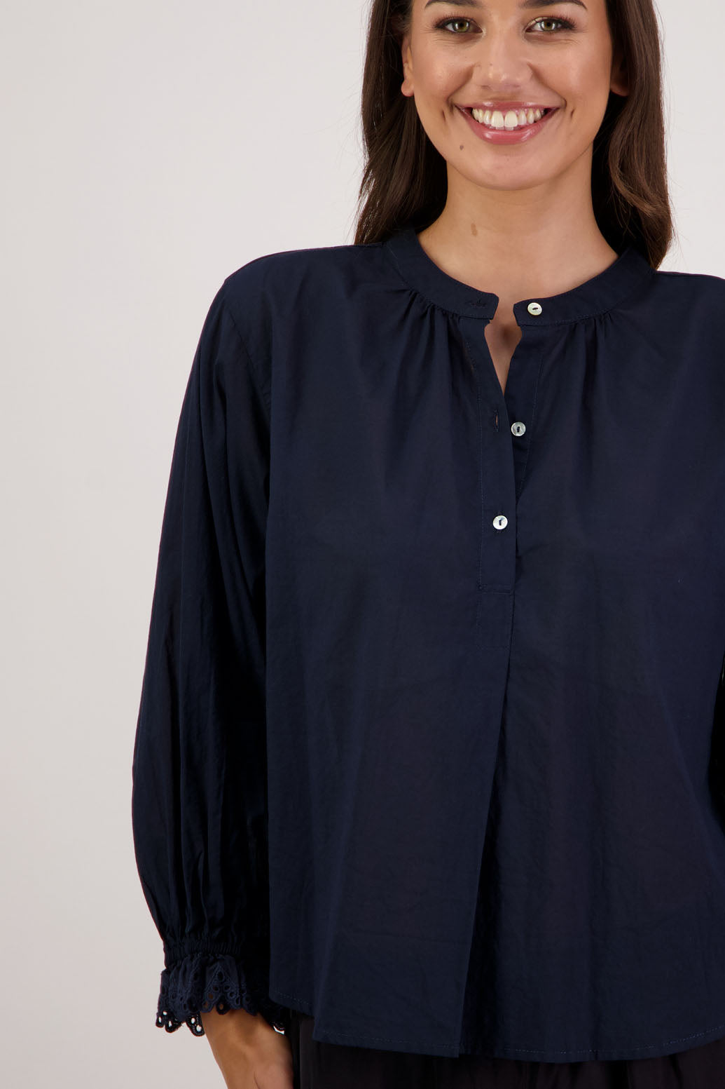 Briarwood NZ. Ink/Dark Blue Long sleeve shirt with 4cm lace trim sleeve.