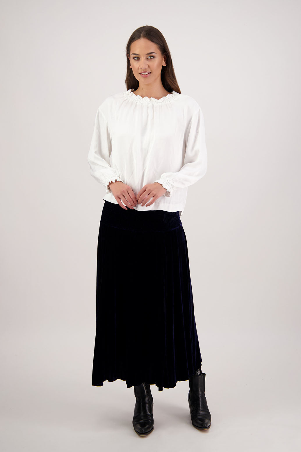 Rebecca Skirt in Ink Velvet by Briarwood NZ. A
18% Silk, 82% Rayon Velvet Skirt with shirred waist, gored panel skirt