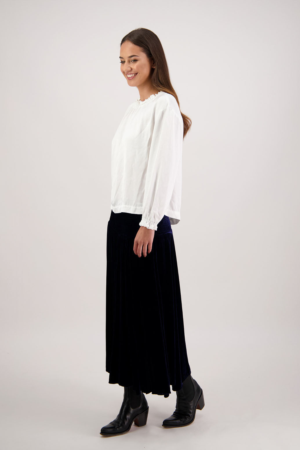 Rebecca Skirt in Ink Velvet by Briarwood NZ. A
18% Silk, 82% Rayon Velvet Skirt with shirred waist, gored panel skirt