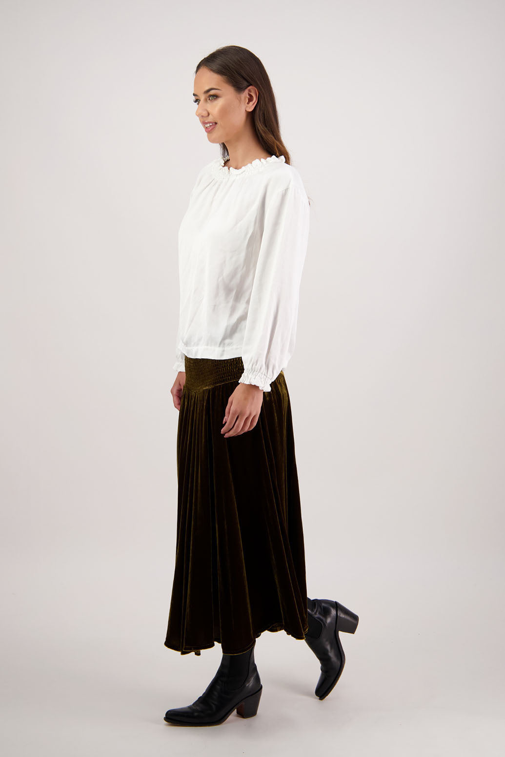 Rebecca Skirt in Tan Velvet by Briarwood NZ. A
18% Silk, 82% Rayon Velvet Skirt with shirred waist, gored panel skirt