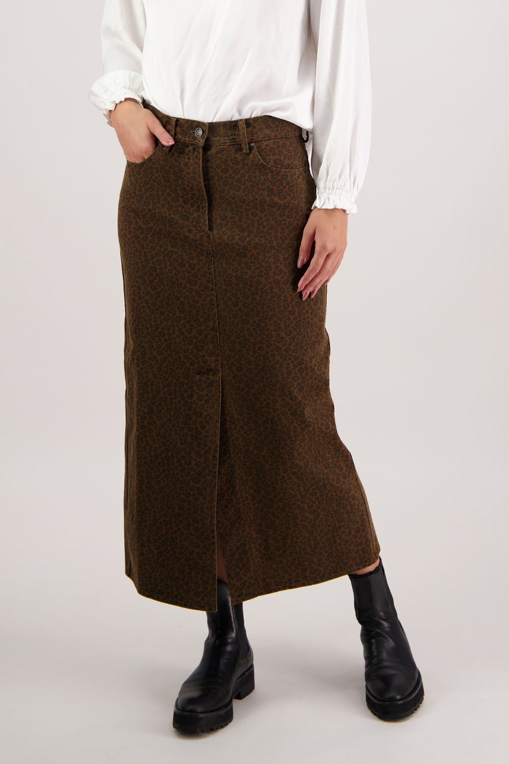Rebel Denim Skirt in Tan Animal by Briarwood NZ. 100% cotton denim button through skirt, slight A-line, front pockets, stitched down panels