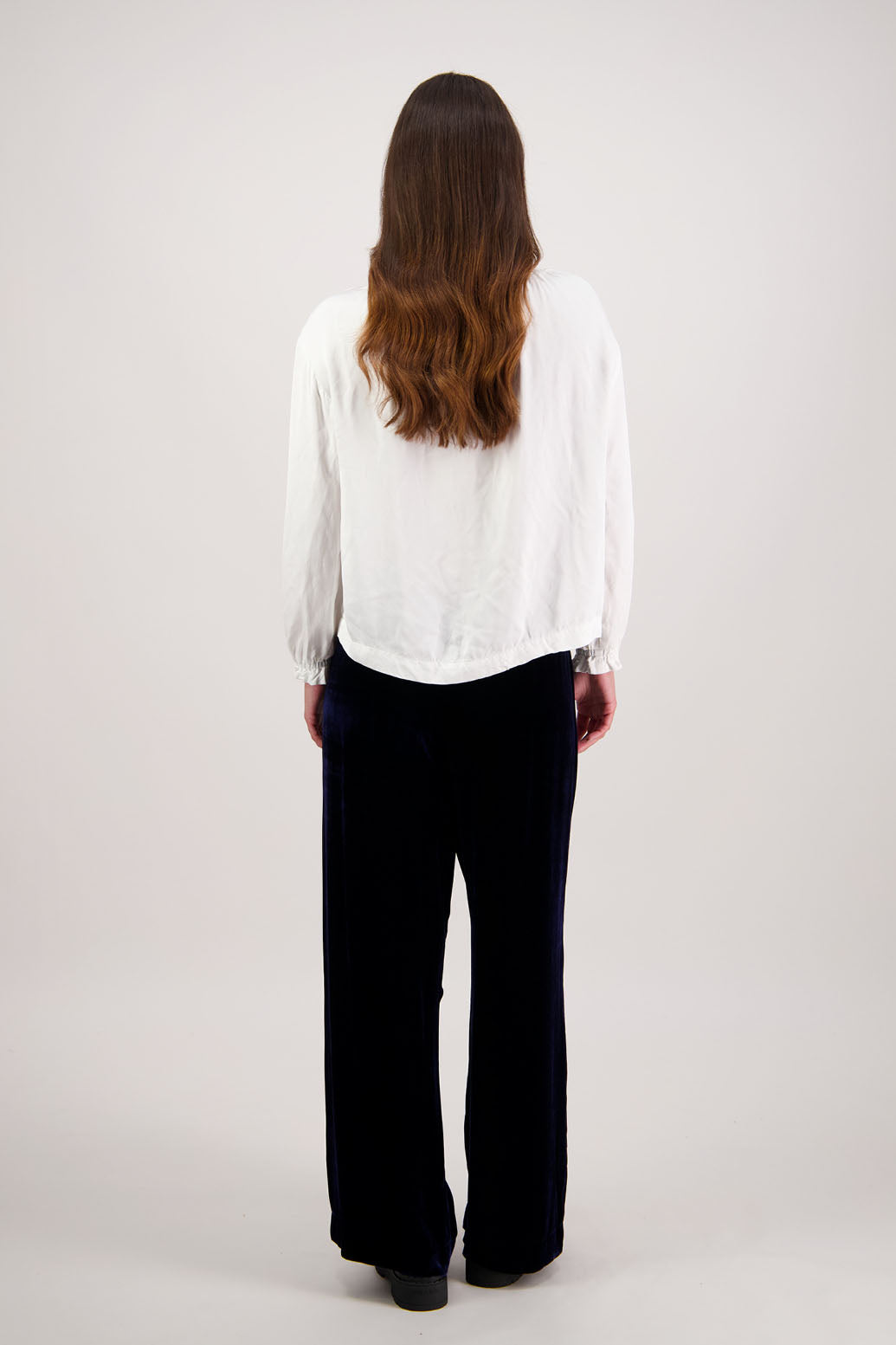 Reggie Pant in Ink Velvet by Briarwood NZ. A
18% Silk, 82% Rayon Velvet Pant with straight leg, elasticated waist with tie and pockets
