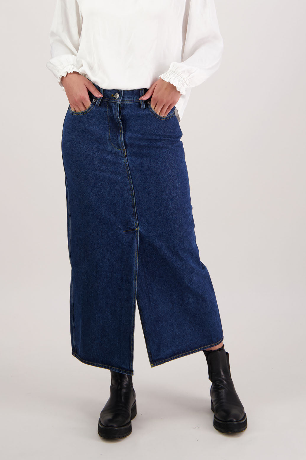 Remi Denim Skirt by Briarwood NZ. 100% cotton skirt, a long straight fit skirt with splits front & back, pockets front + back, zip closure