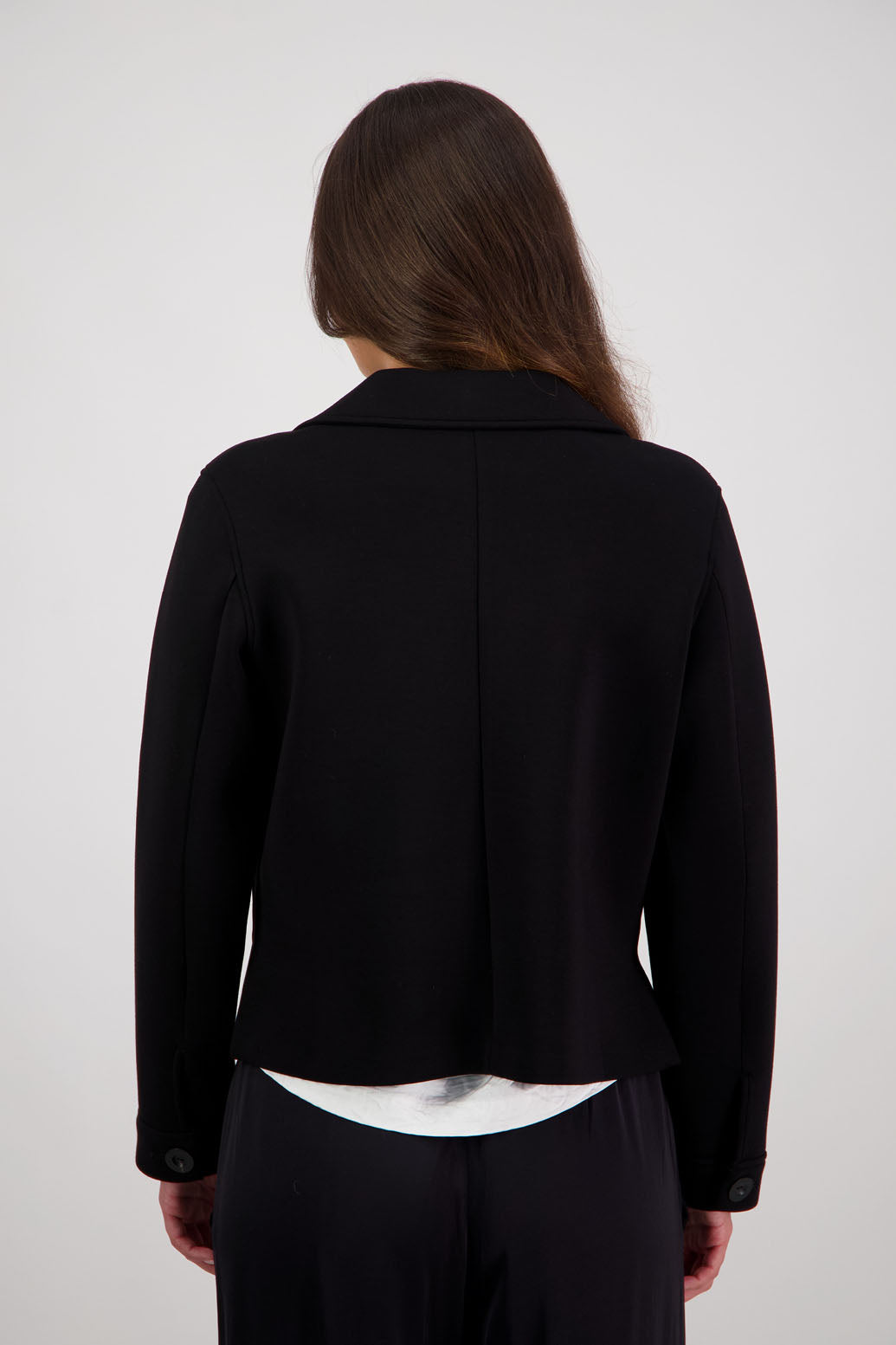 Rex Jacket in Black Ponte by Briarwood NZ. A
100% Ponte Jacket with full length sleeves, button closure, collar and stitched on pockets