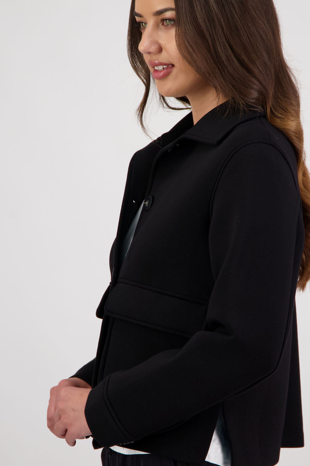 Rex Jacket in Black Ponte by Briarwood NZ. A
100% Ponte Jacket with full length sleeves, button closure, collar and stitched on pockets