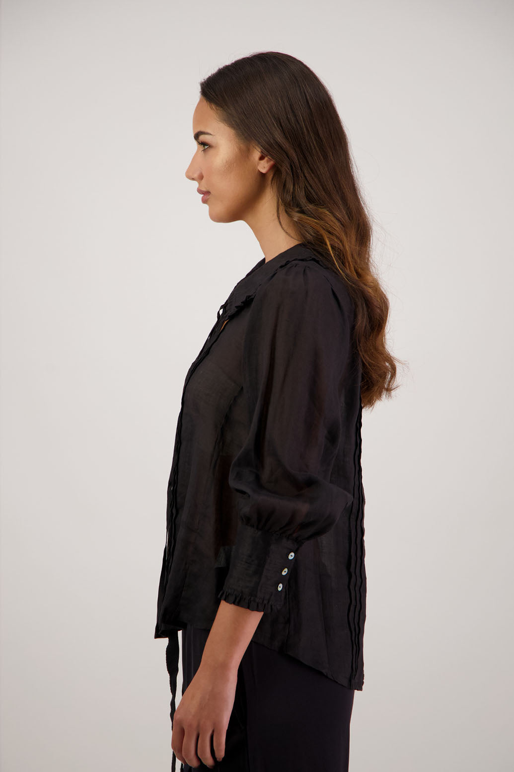 Richie Black Top by Briarwood NZ. 100% ramie top with shaped ruffle collar and tie detail. Designed in New Zealand.