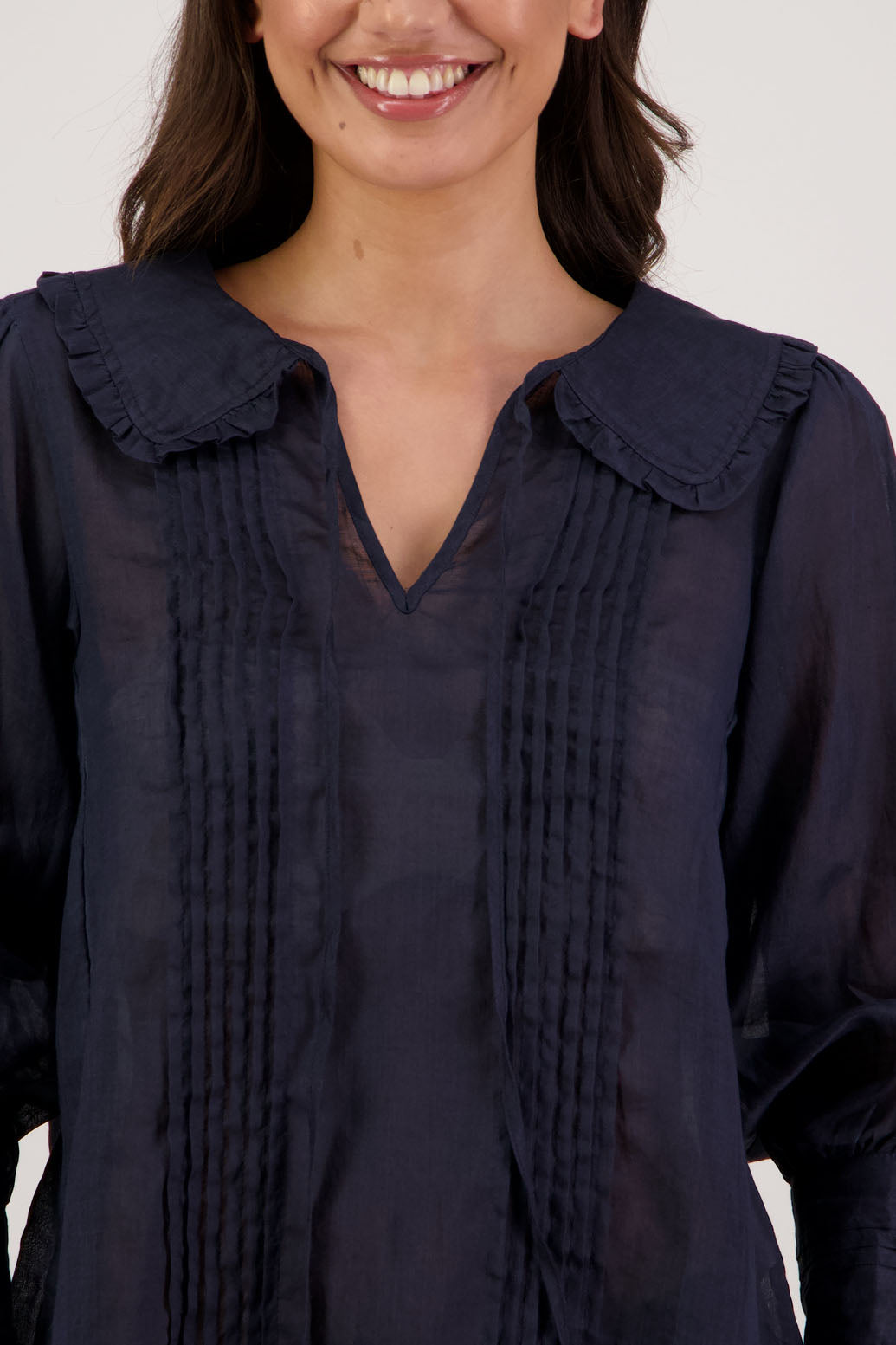 Richie Ink Top by Briarwood NZ. 100% ramie top with shaped ruffle collar and tie detail. Designed in New Zealand.