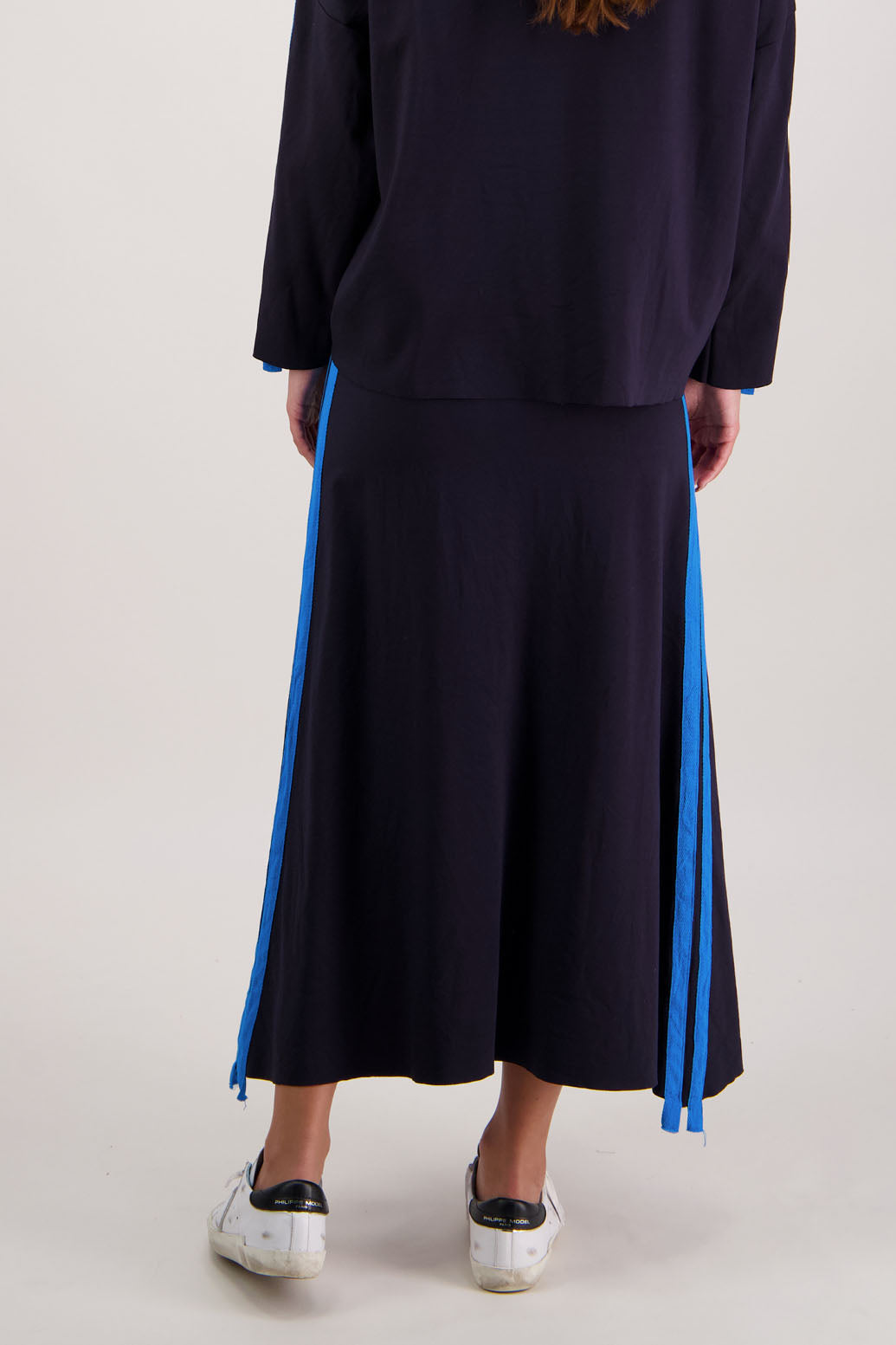 Rico Skirt in Ink by Briarwood NZ. 100% Ponte A-line skirt with elasticated waist, raw hem and double side stripe
