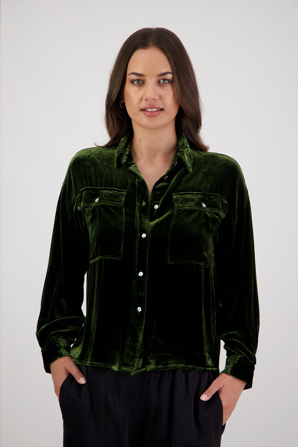 Ridge Shirt in Khaki Velvet by Briarwood NZ. A
18% Silk, 82% Rayon Velvet collared button through shirt with full length sleeves, longer at the back, side splits, pockets on front