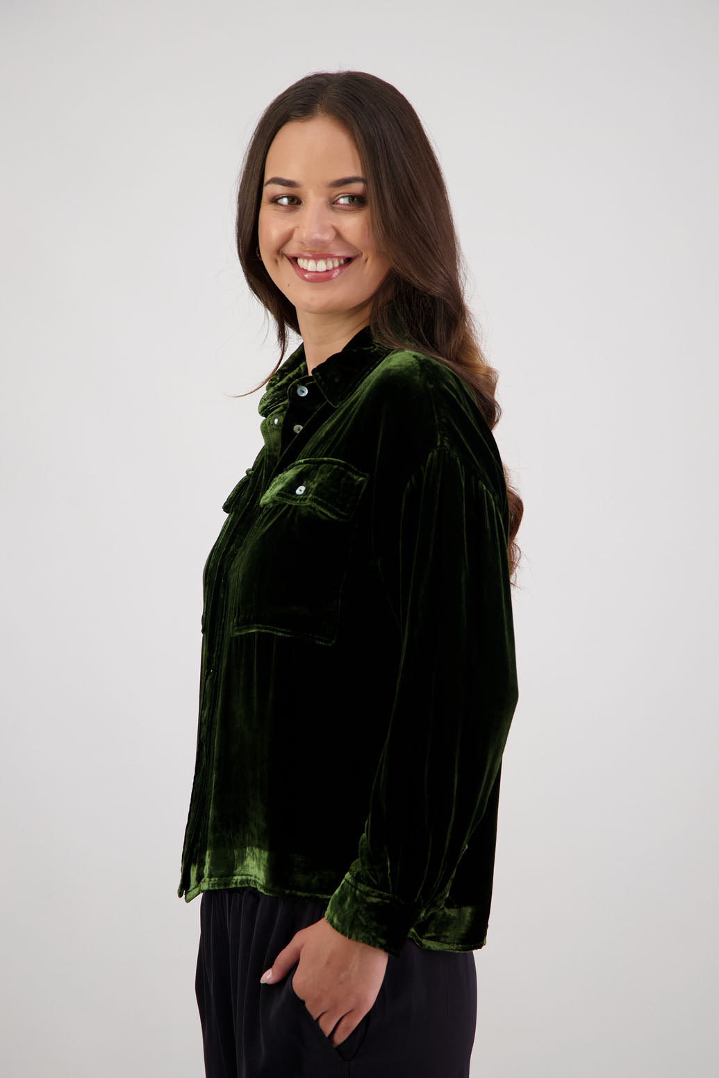 Ridge Shirt in Khaki Velvet by Briarwood NZ. A
18% Silk, 82% Rayon Velvet collared button through shirt with full length sleeves, longer at the back, side splits, pockets on front