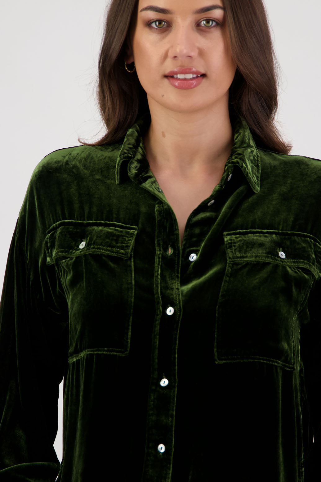 Ridge Shirt in Khaki Velvet by Briarwood NZ. A
18% Silk, 82% Rayon Velvet collared button through shirt with full length sleeves, longer at the back, side splits, pockets on front