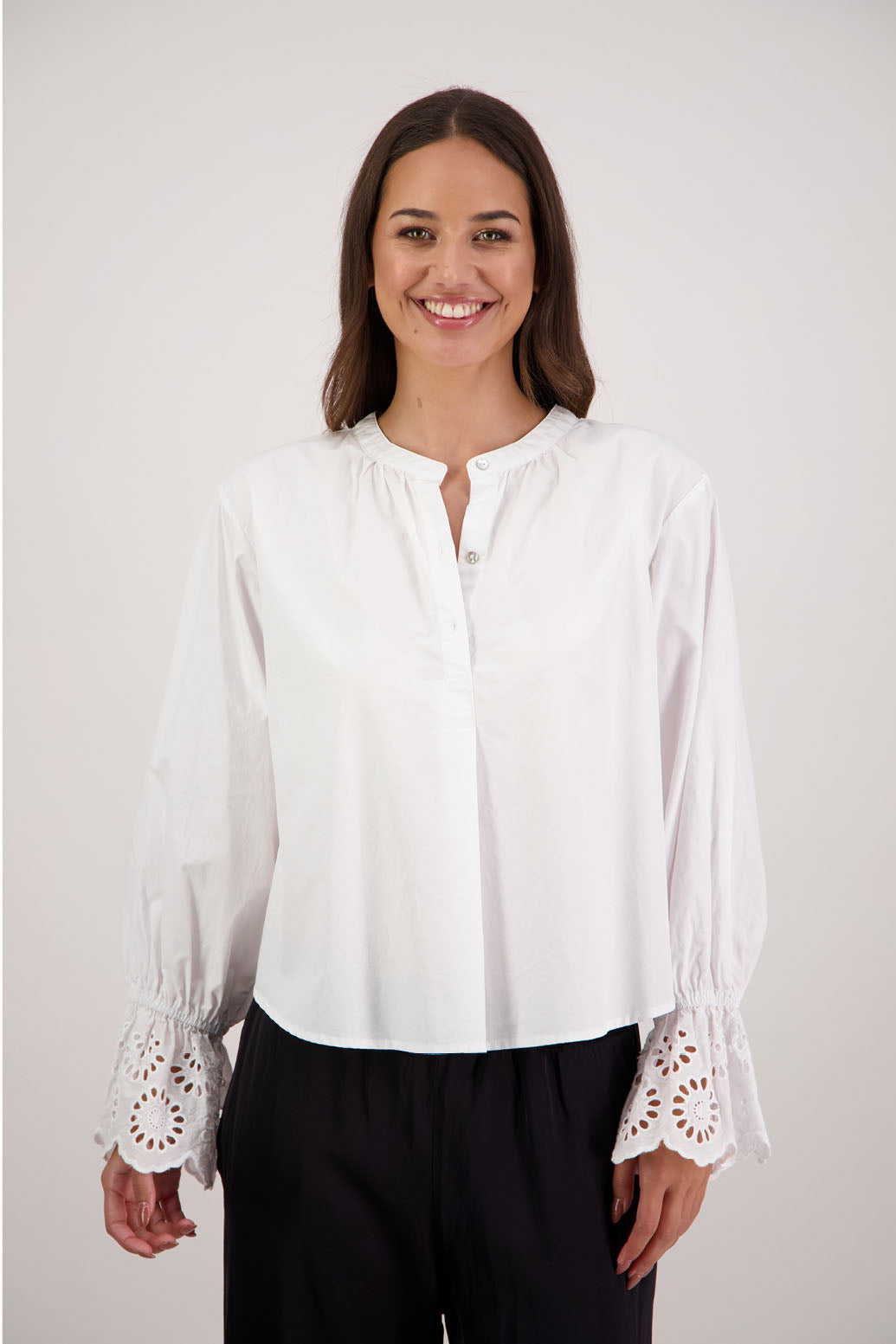 Briarwood NZ. Ridley Shirt. White Long Sleeve, 12cm Lace trim on sleeves, Grandpa collar