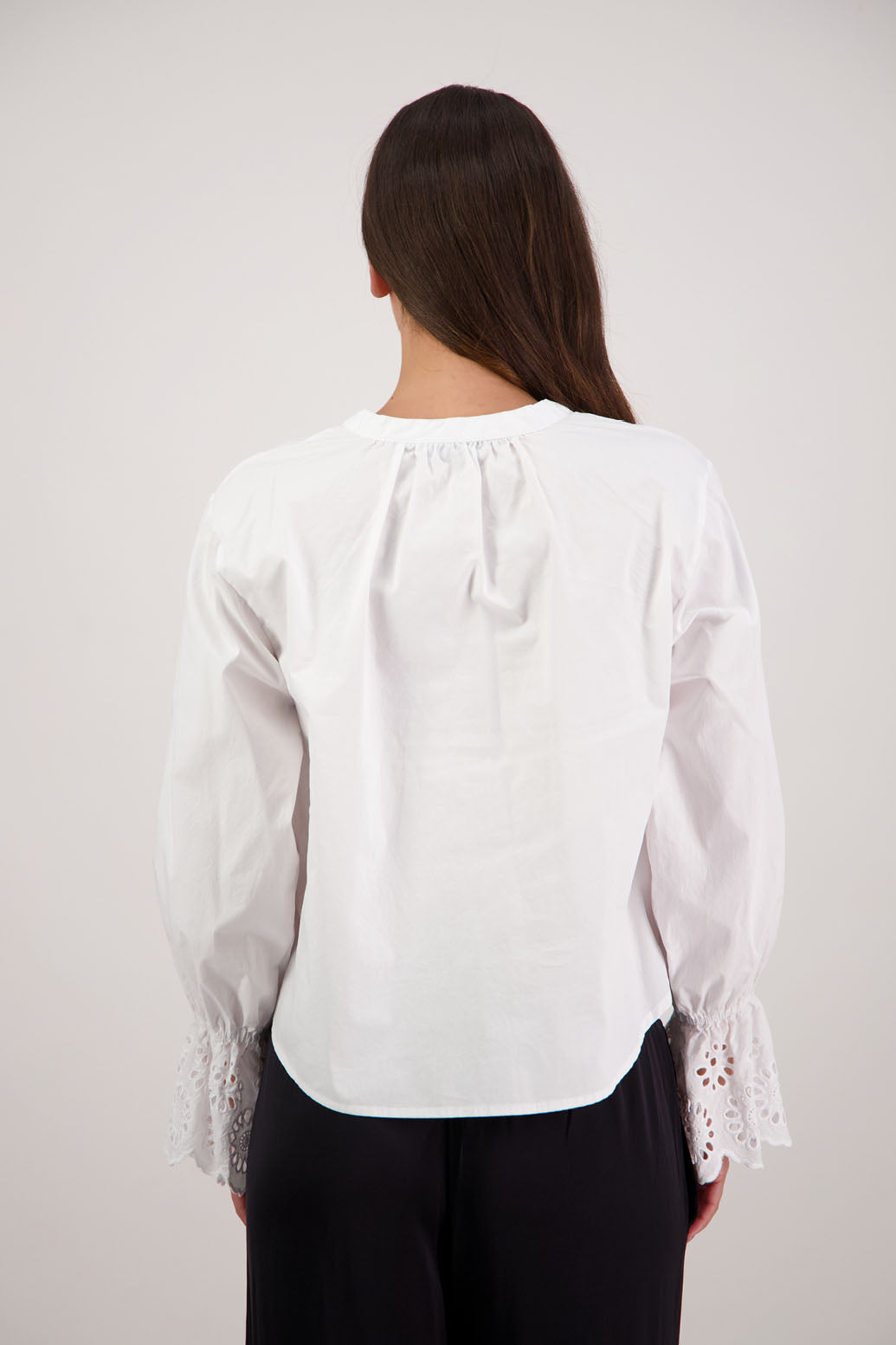 Briarwood NZ. Ridley Shirt. White Long Sleeve, 12cm Lace trim on sleeves, Grandpa collar