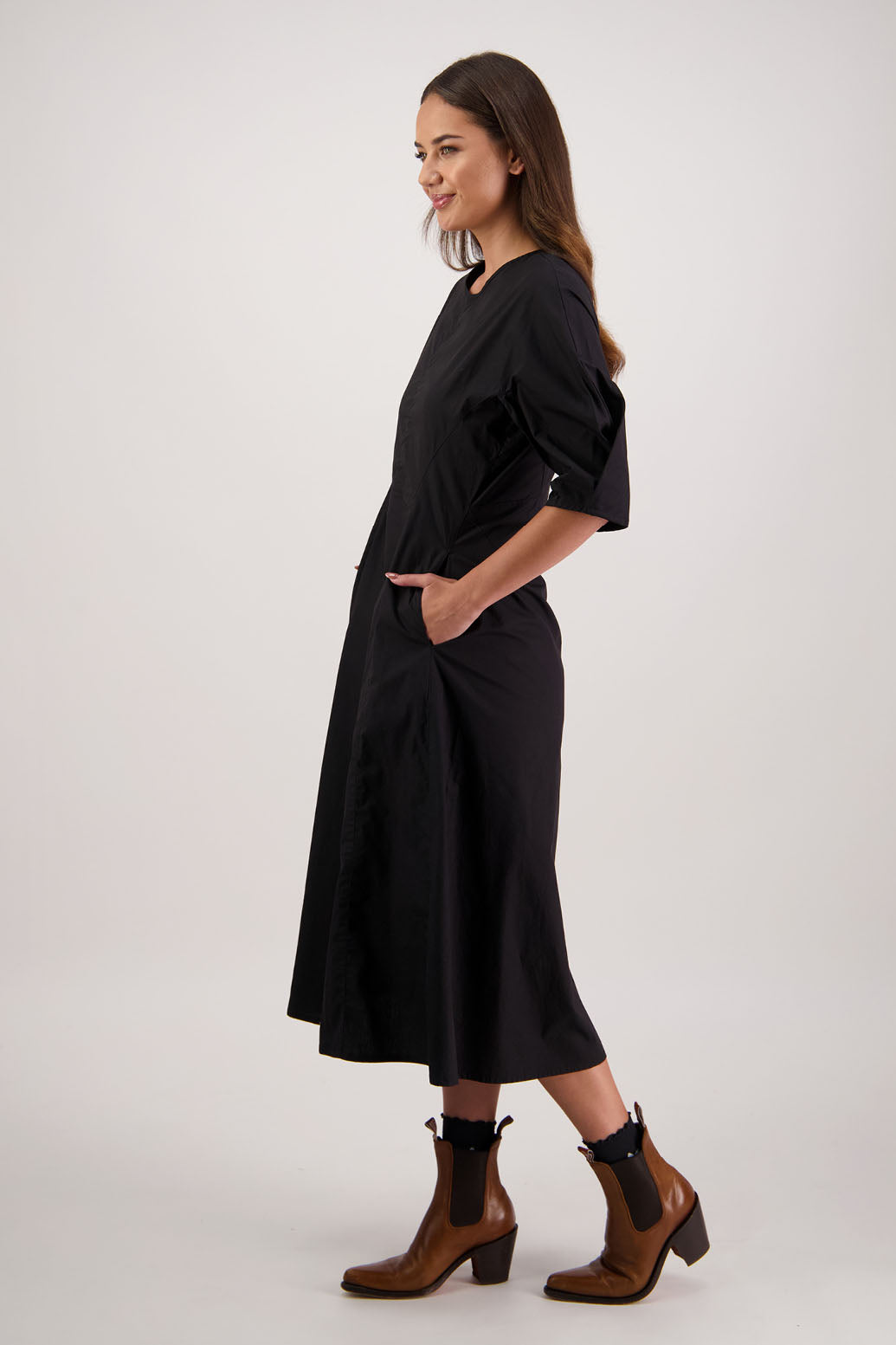 River Black Dress. Briarwood NZ. 3/4 Sleeves with pleat, Shaped through waist, Pockets in front seam, Back zip