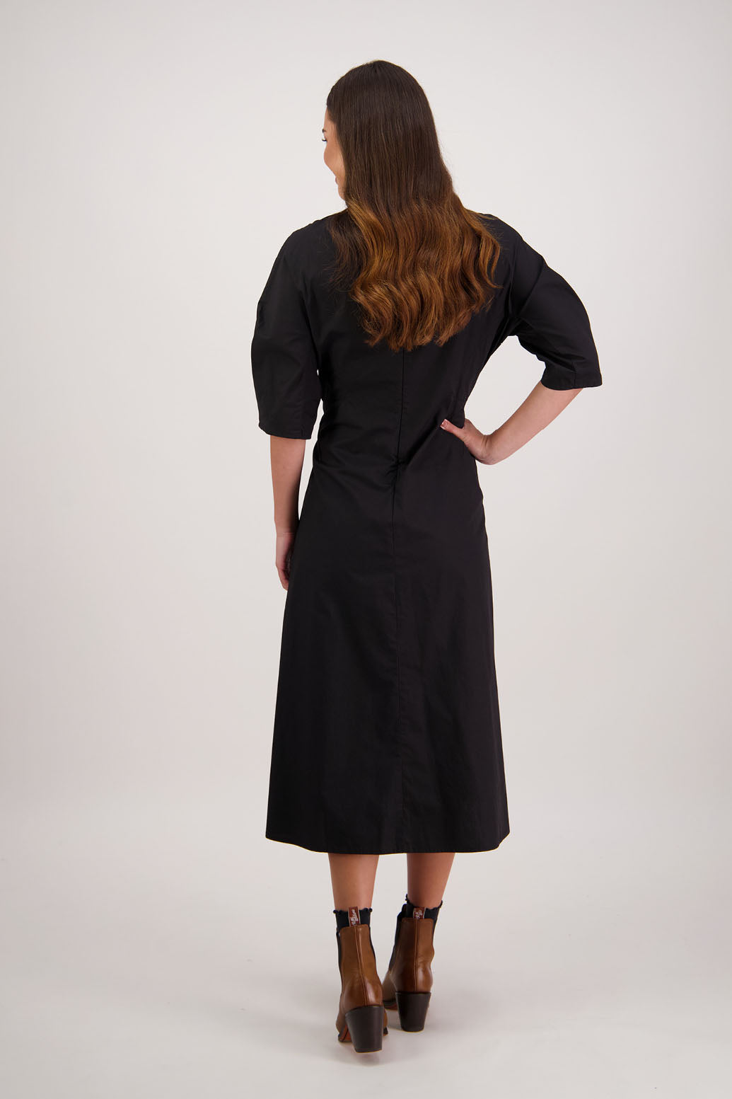 River Black Dress. Briarwood NZ. 3/4 Sleeves with pleat, Shaped through waist, Pockets in front seam, Back zip