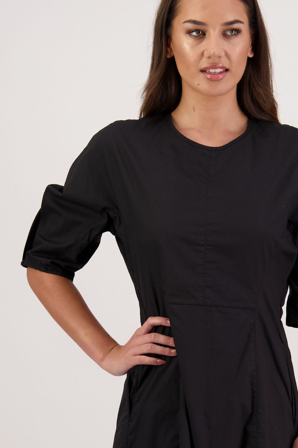 River Black Dress. Briarwood NZ. 3/4 Sleeves with pleat, Shaped through waist, Pockets in front seam, Back zip