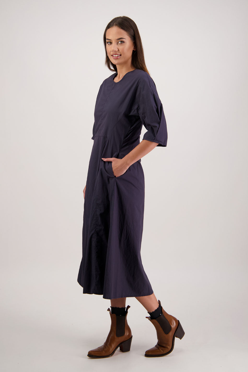 River Dress. Briarwood NZ.Ink. 3/4 Sleeves with pleat, Shaped through waist, Pockets in front seam, Back zip