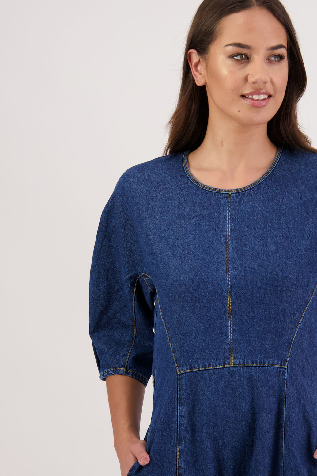 Rizzo Denim Dress by Briarwood NZ. 100% cotton dress, 3/4 sleeves with pleat, shaped through waist, pockets in front seam, back zip