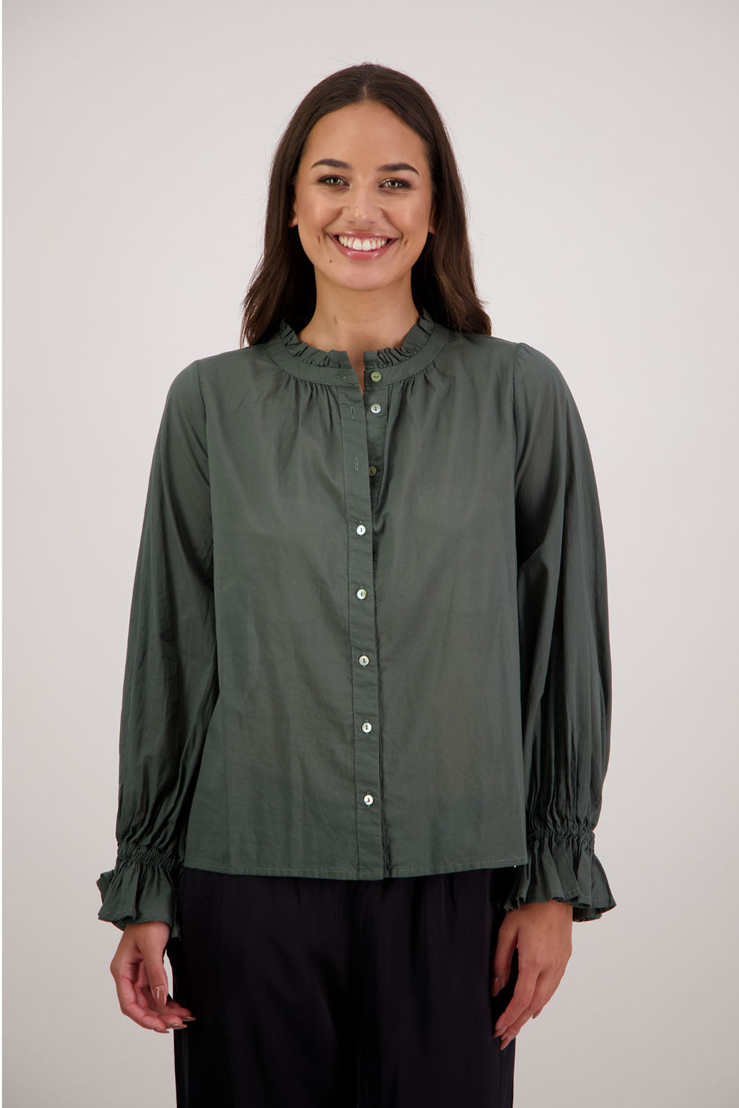 Briarwood NZ. Pine long sleeve shirt, Elasticated sleeves, Ruffles around neck, Buttoned through