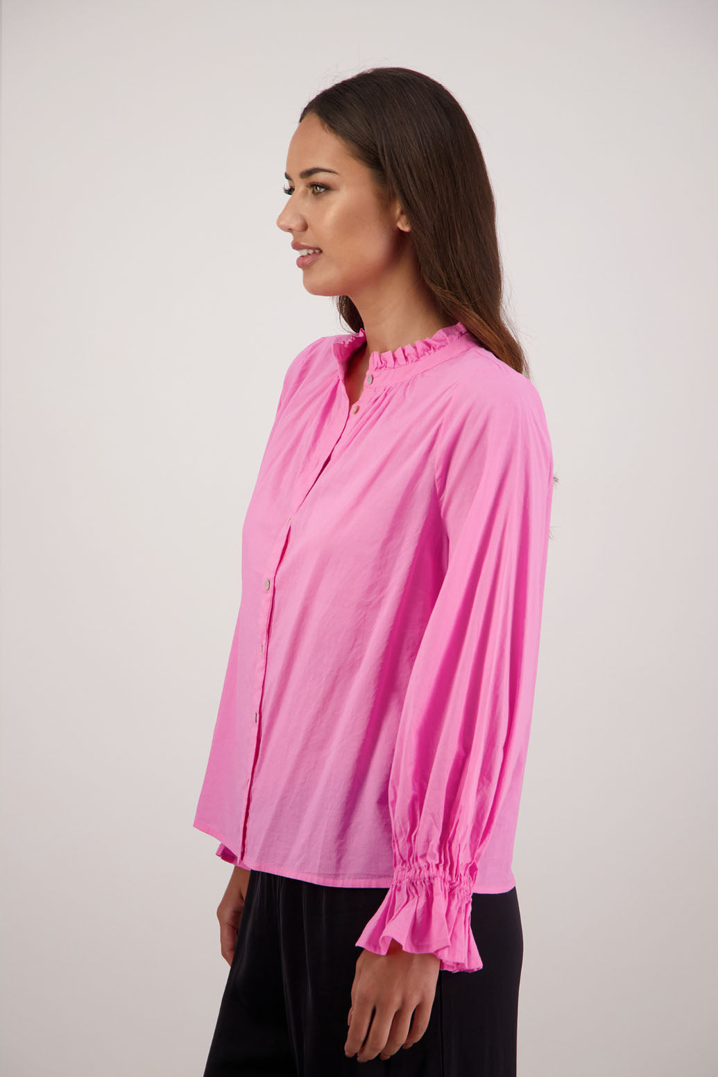 Briarwood NZ. Pink long sleeve shirt, Elasticated sleeves, Ruffles around neck, Buttoned through