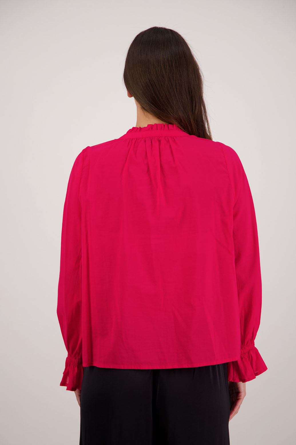 Briarwood NZ.Red long sleeve shirt, Elasticated sleeves, Ruffles around neck, Buttoned through