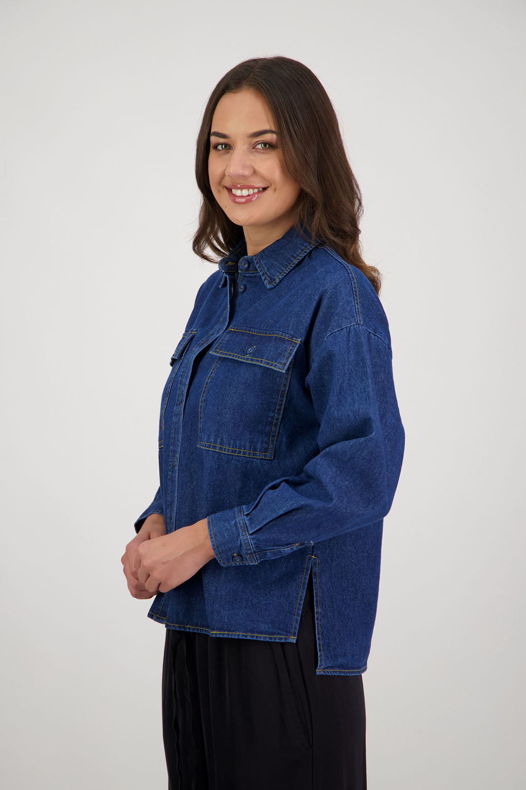 Rock Denim Shirt by Briarwood NZ. 100% cotton shirt with long sleeves, split sides, pockets on the front and longer at the back