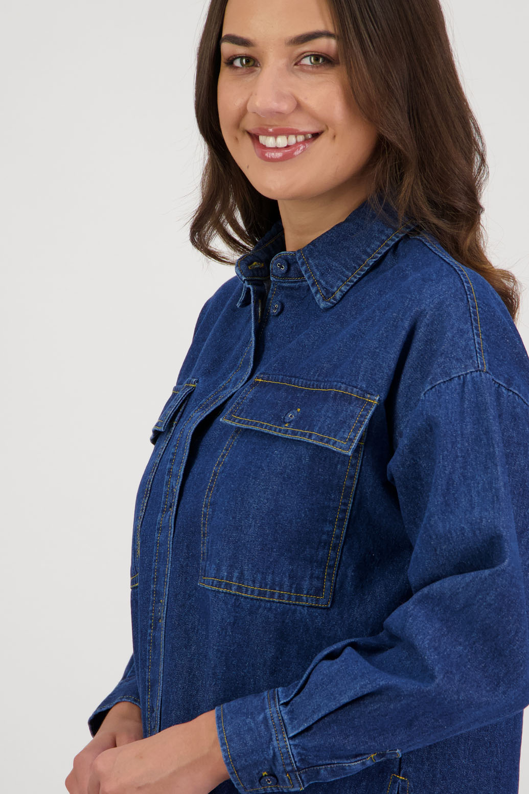 Rock Denim Shirt by Briarwood NZ. 100% cotton shirt with long sleeves, split sides, pockets on the front and longer at the back