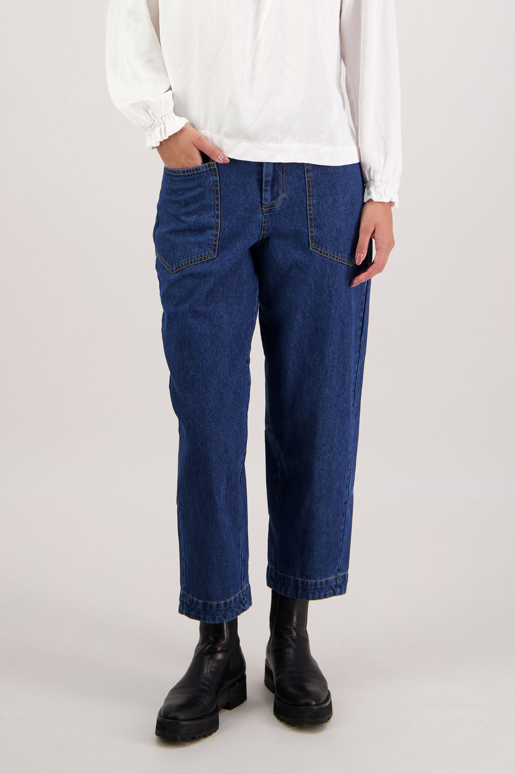 Rocket Denim Pant by Briarwood NZ. 100% cotton pant, a slight barrel leg, cropped length, elasticated through the back, pockets front and back, zip fly