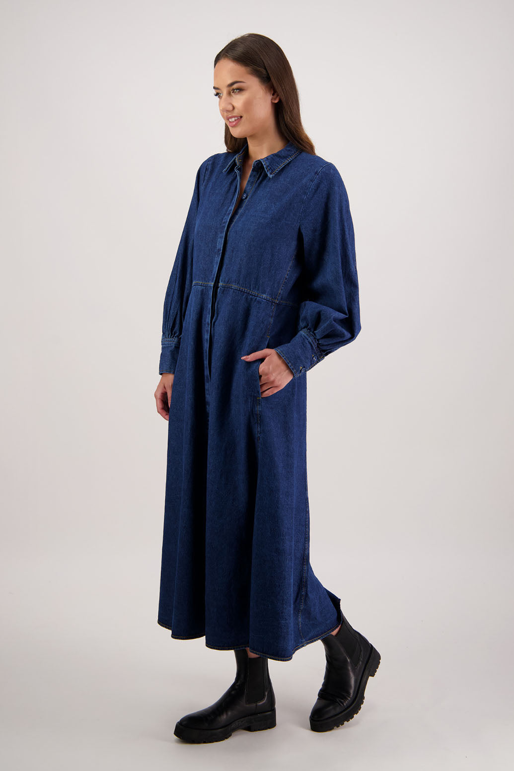 Bestselling style. Rockie Denim Dress by Briarwood NZ. 100% cotton shirt dress, button through, full length sleeves, shaped waist and pockets