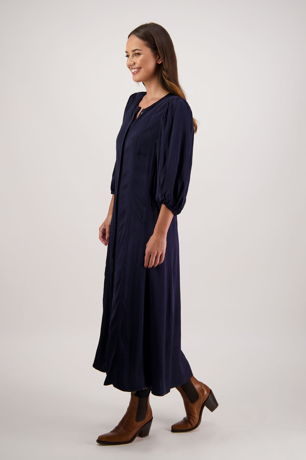 Romy Dress in Ink by Briarwood NZ. 100% viscose dress, button through full length, 3/4 length sleeves, stitched shaped panels front & back, no collar
