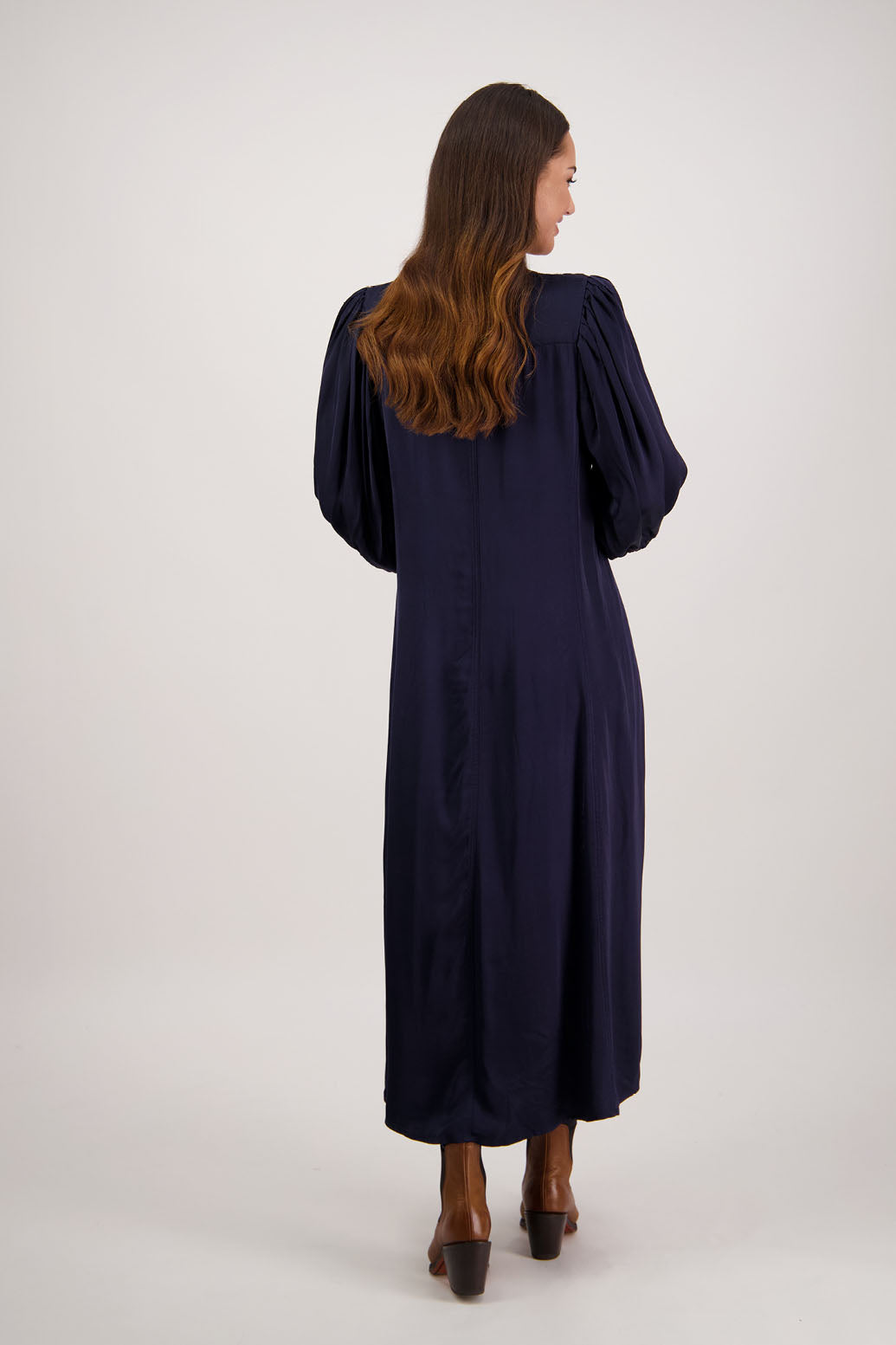 Romy Dress in Ink by Briarwood NZ. 100% viscose dress, button through full length, 3/4 length sleeves, stitched shaped panels front & back, no collar