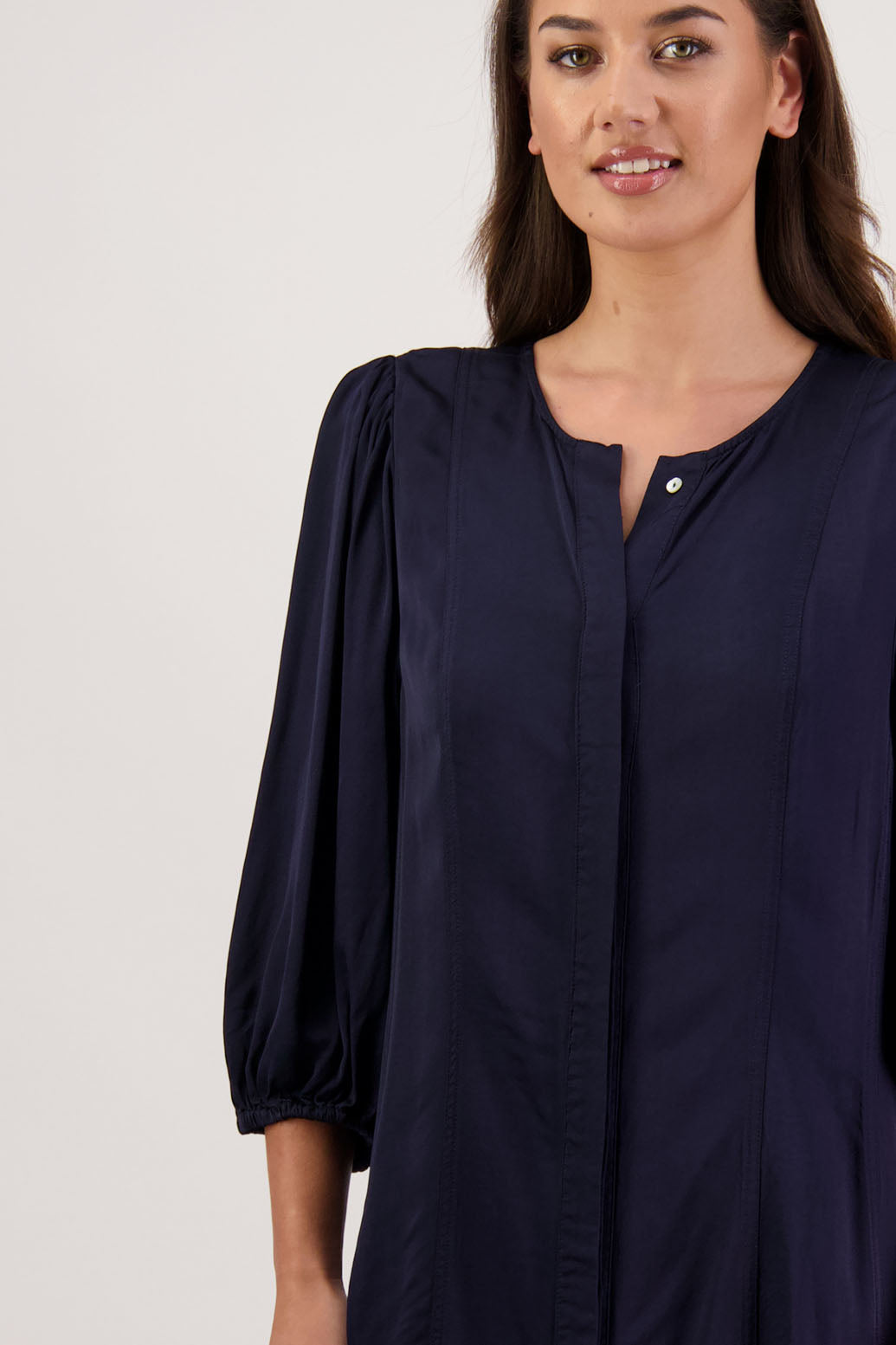 Romy Dress in Ink by Briarwood NZ. 100% viscose dress, button through full length, 3/4 length sleeves, stitched shaped panels front & back, no collar
