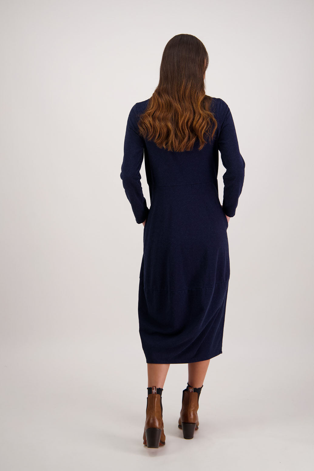 Ronnie Dress in Denim Jersey by Briarwood NZ. 100% cotton dress, full length sleeves, puff hem and side pockets