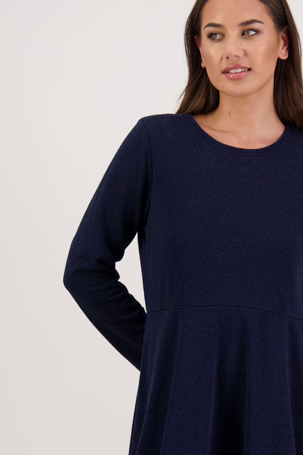 Ronnie Dress in Denim Jersey by Briarwood NZ. 100% cotton dress, full length sleeves, puff hem and side pockets