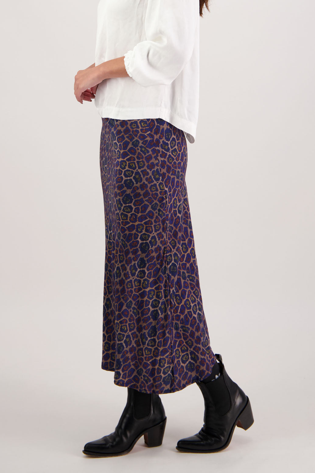 Rosa Skirt in Antique Leopard by Briarwood NZ. 100% viscose a-line bias cut skirt