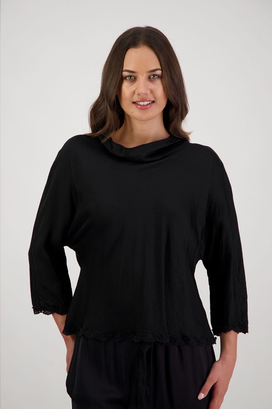 Rosanna Top in Black by Briarwood NZ. 100% viscose topwith roll neck, 3/4 sleeves, bias cut, lace trim