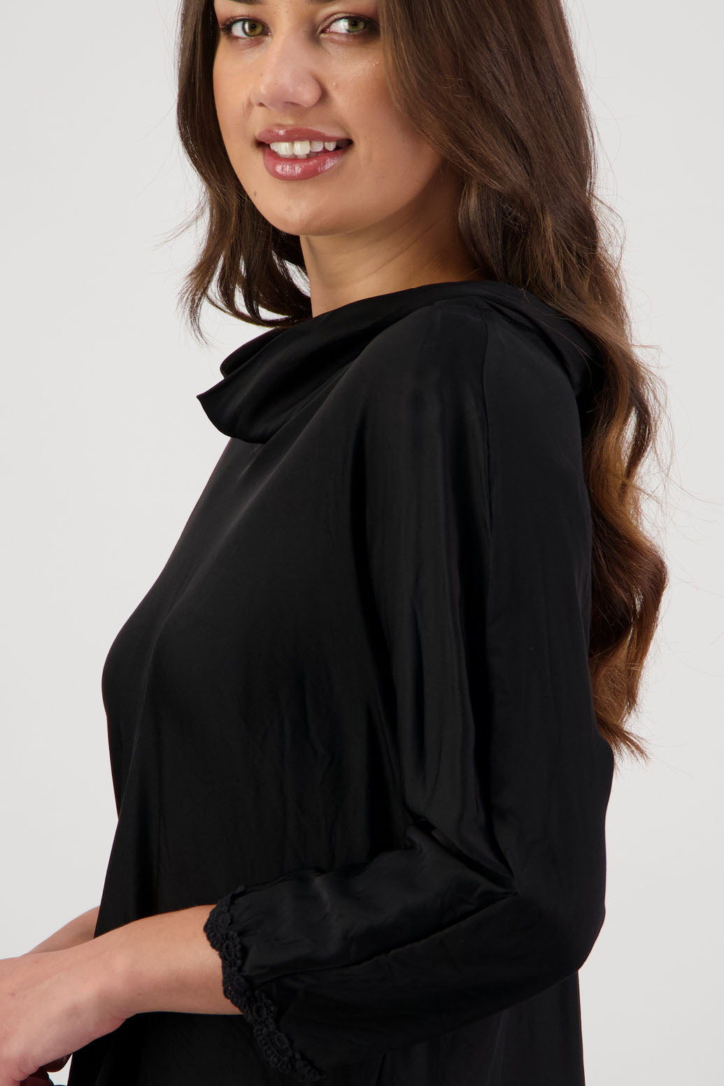 Rosanna Top in Black by Briarwood NZ. 100% viscose topwith roll neck, 3/4 sleeves, bias cut, lace trim