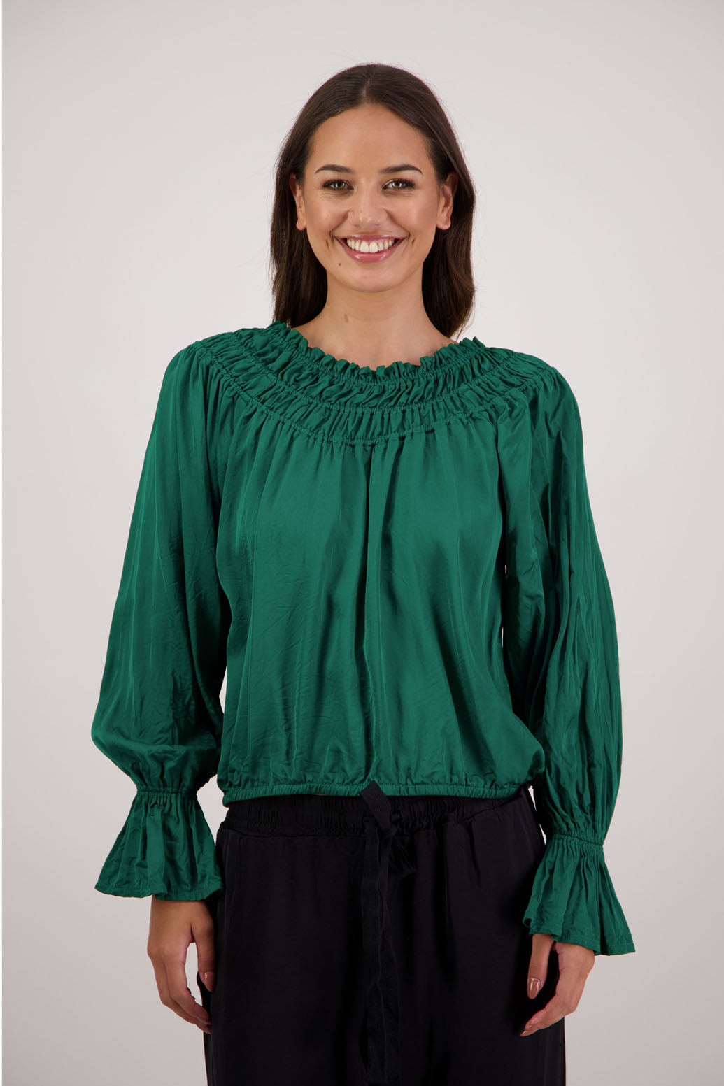 Rosemarie Top in Emerald by Briarwood NZ. 100% viscose top with 3 panel gathered neck, full length sleeves with ruffle, elasticated waistband