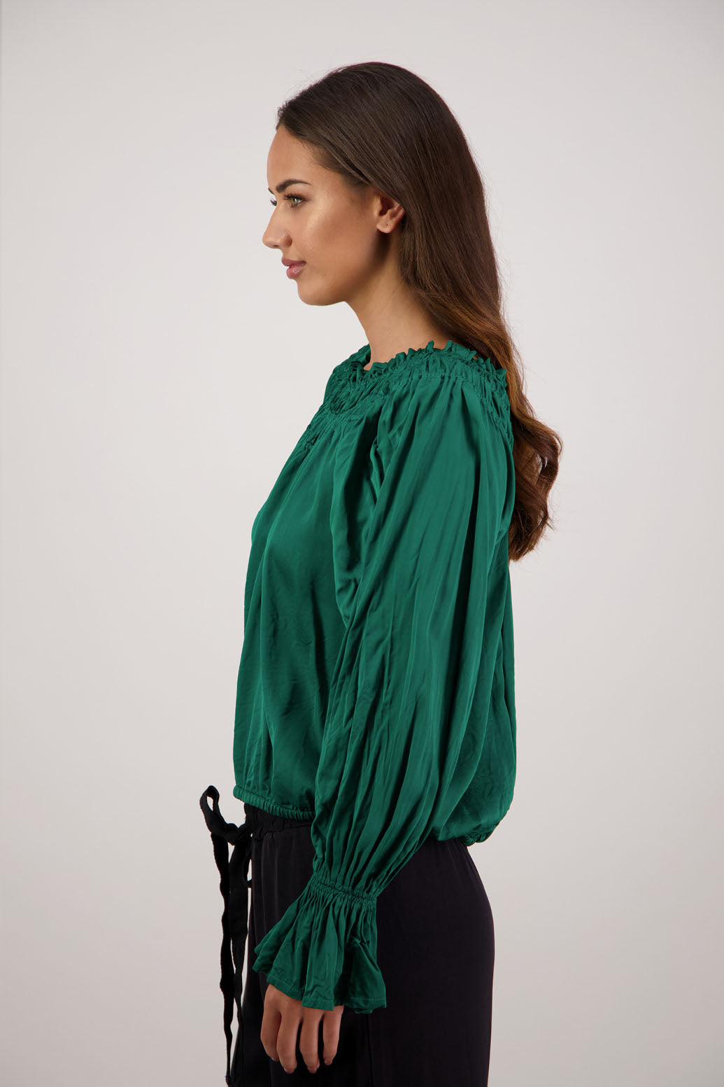 Rosemarie Top in Emerald by Briarwood NZ. 100% viscose top with 3 panel gathered neck, full length sleeves with ruffle, elasticated waistband