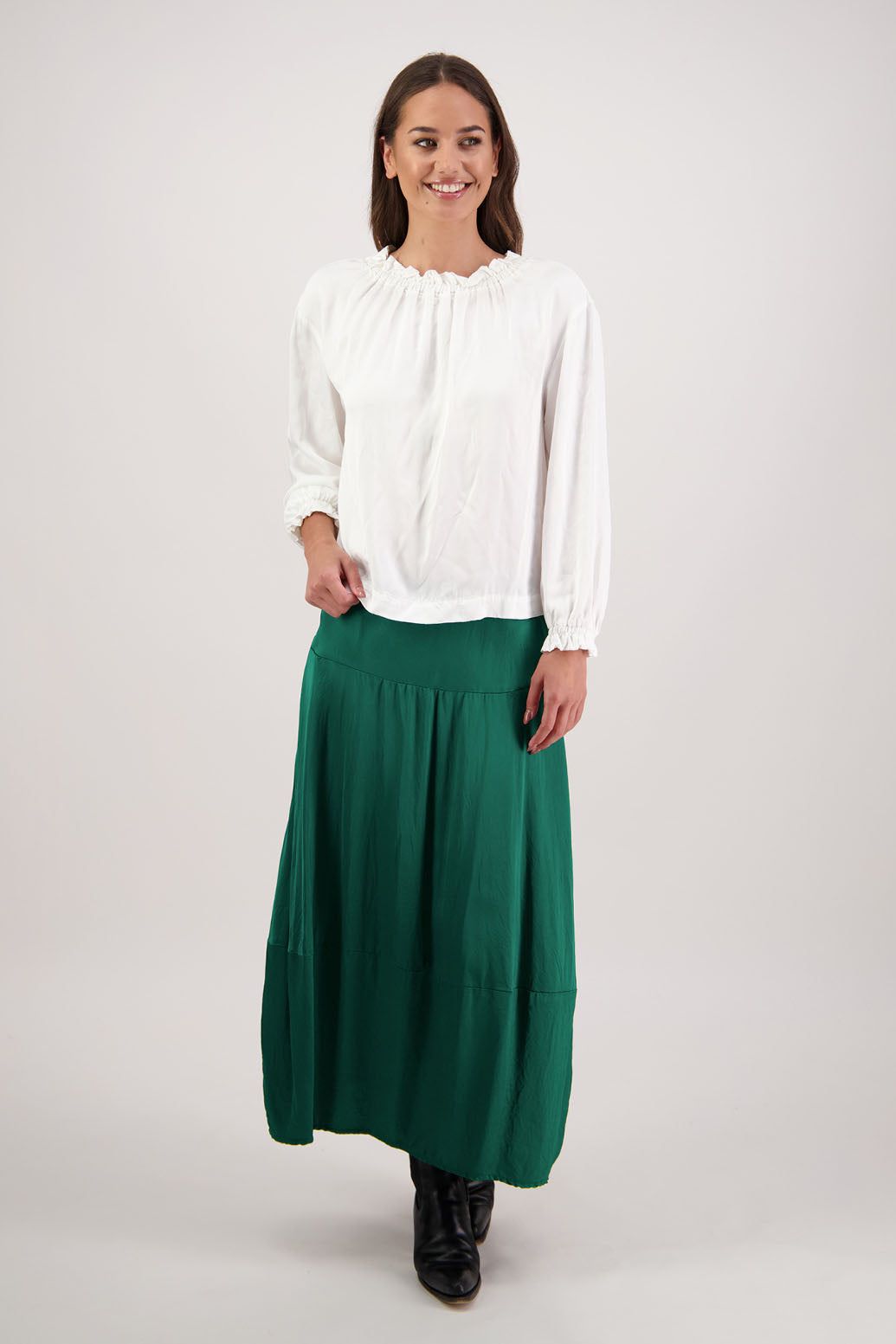 Rosetta Skirt in Emerald by Briarwood NZ. 100% viscose skirt with elasticated waist and bubble hem