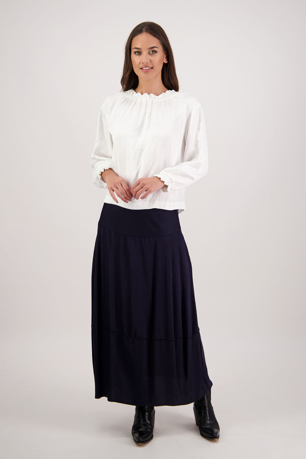 Rosetta Skirt in Ink by Briarwood NZ. 100% viscose skirt with elasticated waist and bubble hem