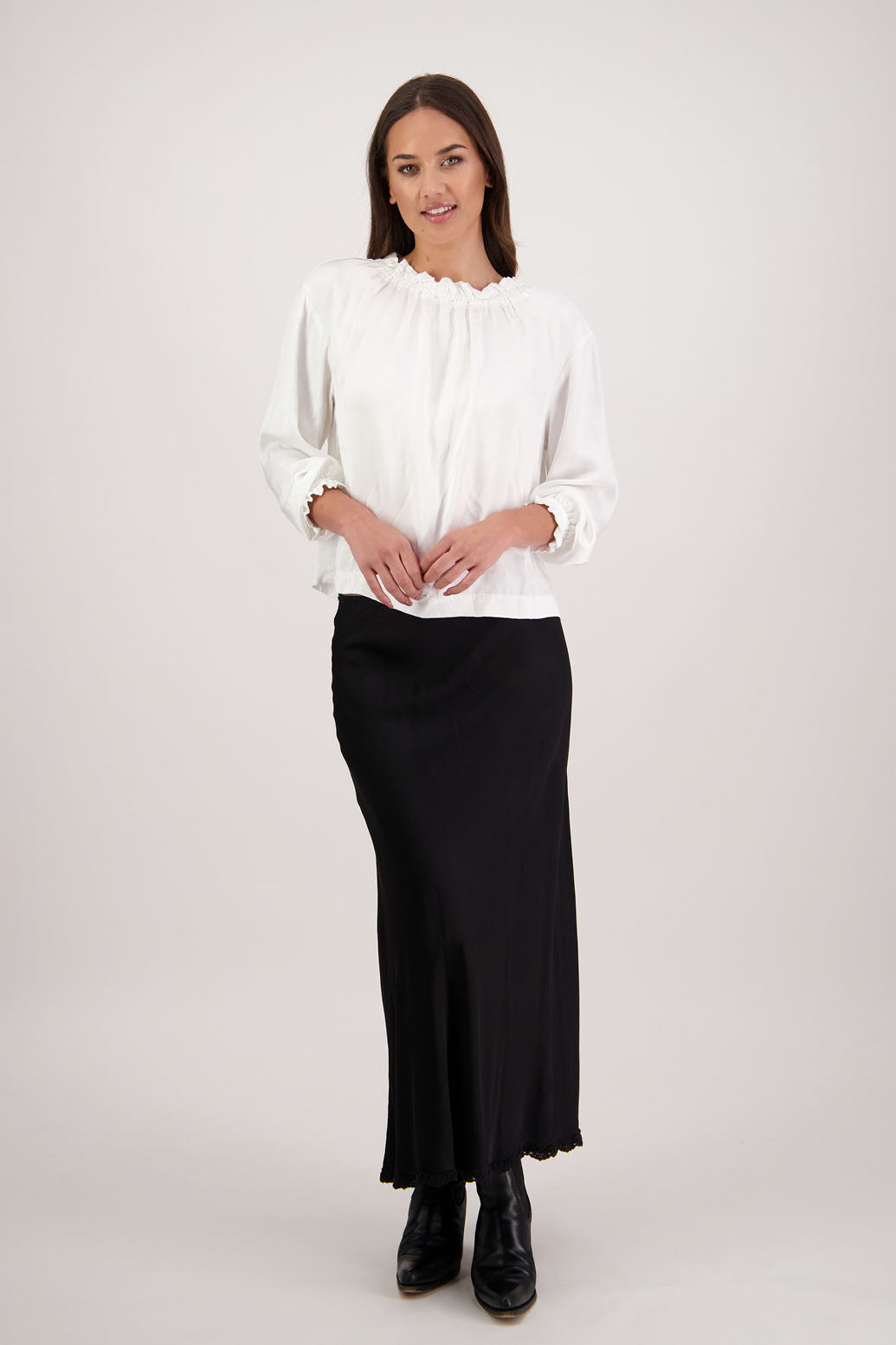 Rosie Skirt in Black by Briarwood NZ. 100% viscose bias cut A-line skirt with lace hem