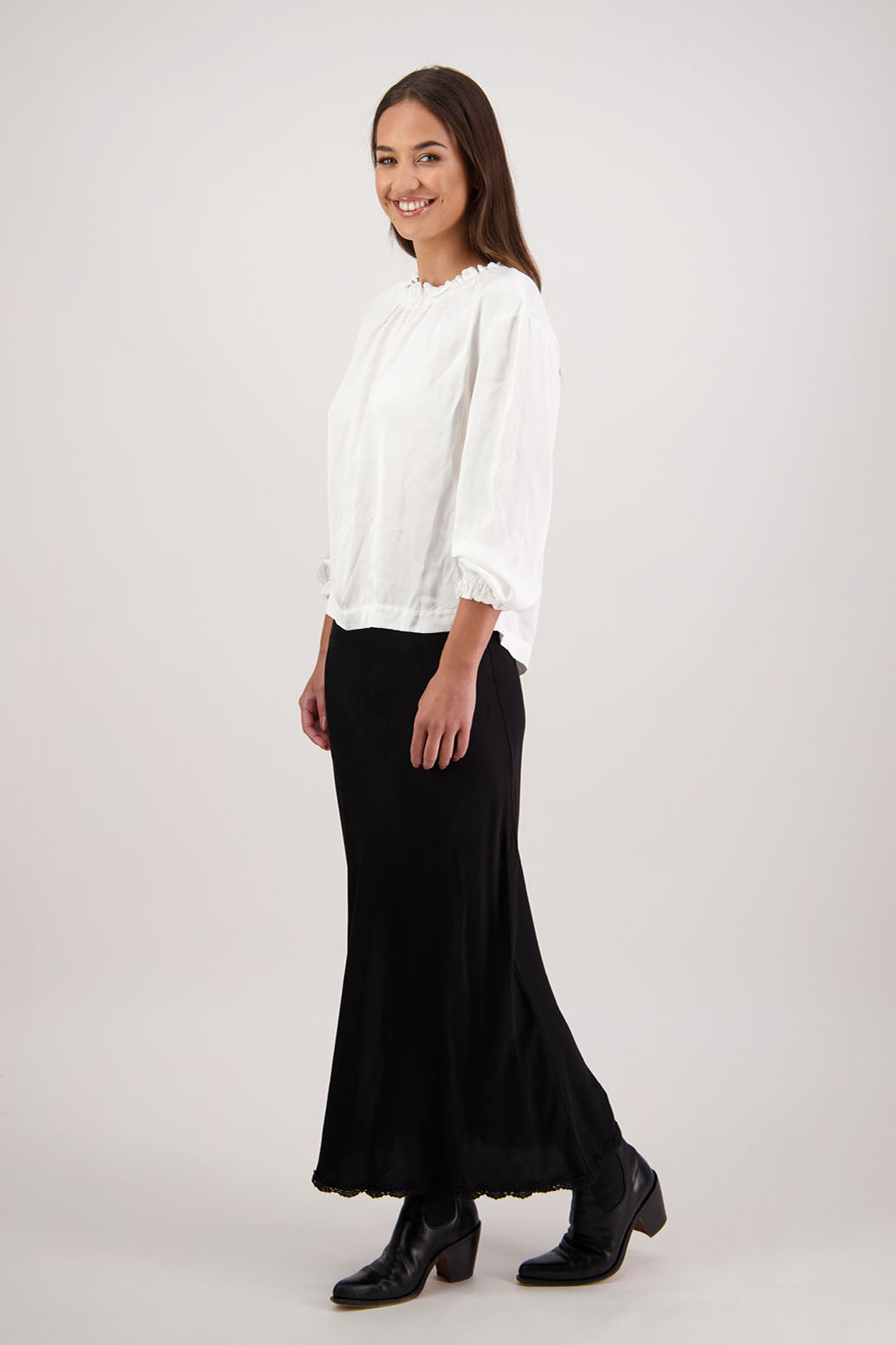 Rosie Skirt in Black by Briarwood NZ. 100% viscose bias cut A-line skirt with lace hem