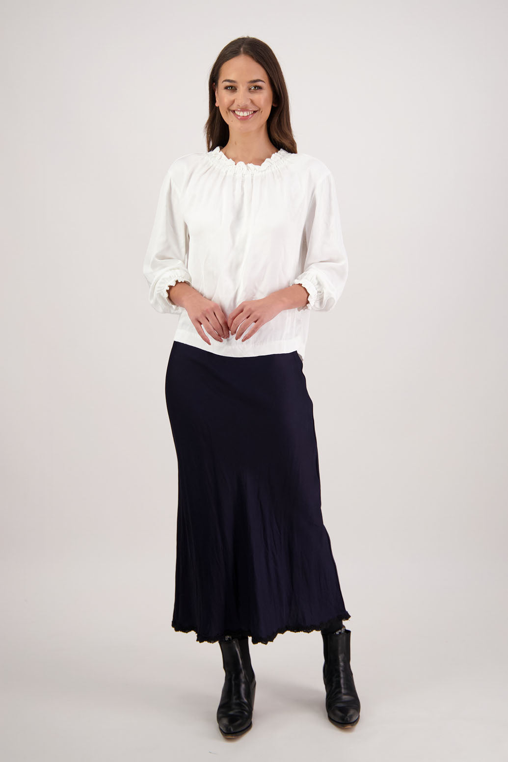 Rosie Skirt in Ink by Briarwood NZ. 100% viscose bias cut A-line skirt with lace hem