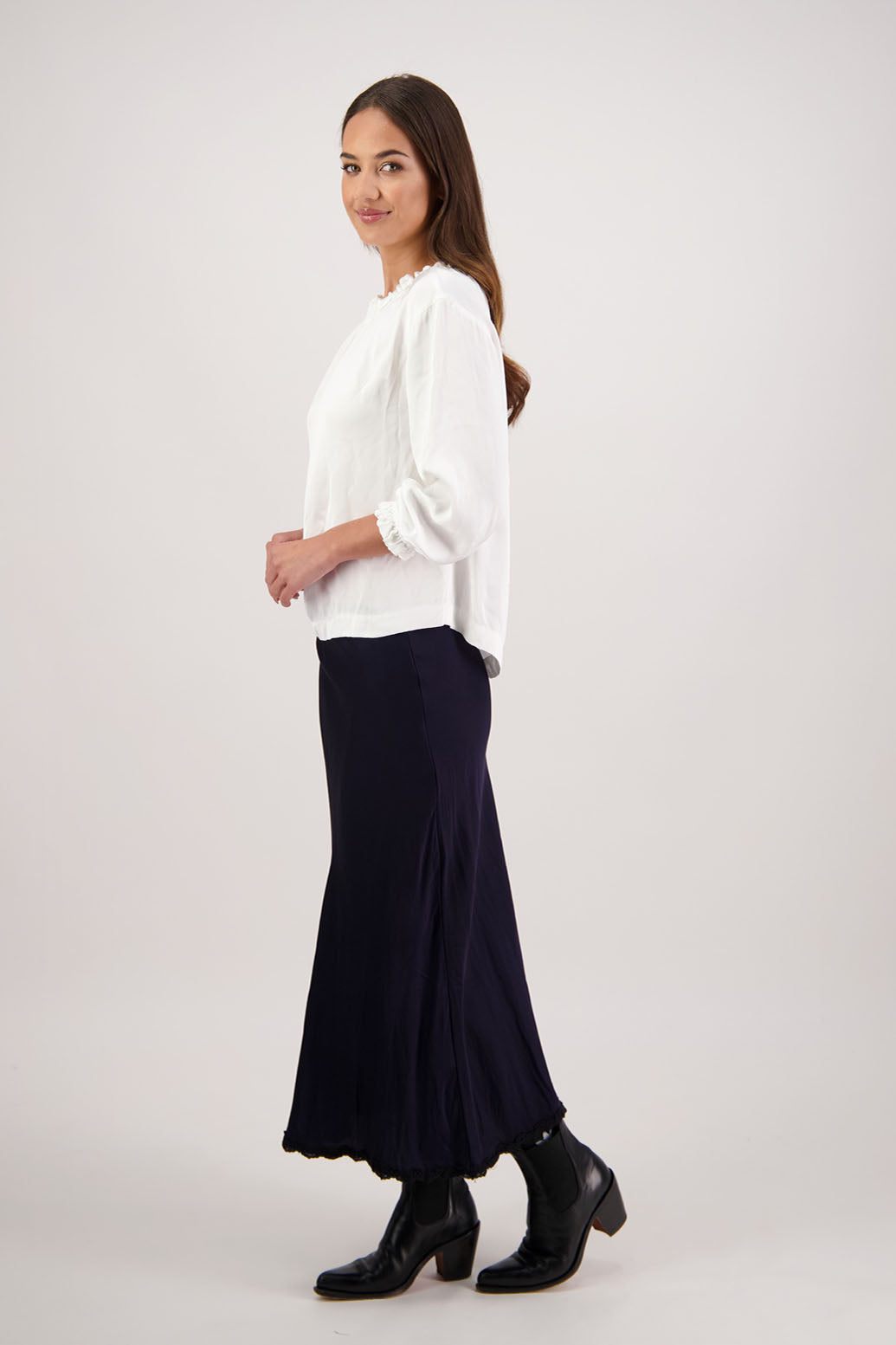 Rosie Skirt in Ink by Briarwood NZ. 100% viscose bias cut A-line skirt with lace hem