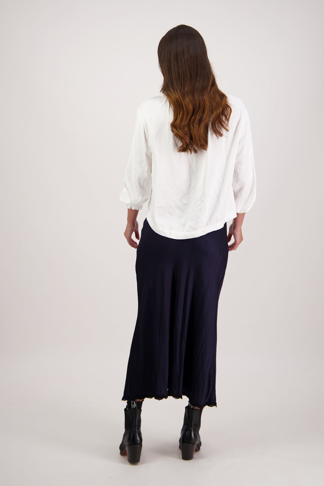 Rosie Skirt in Ink by Briarwood NZ. 100% viscose bias cut A-line skirt with lace hem