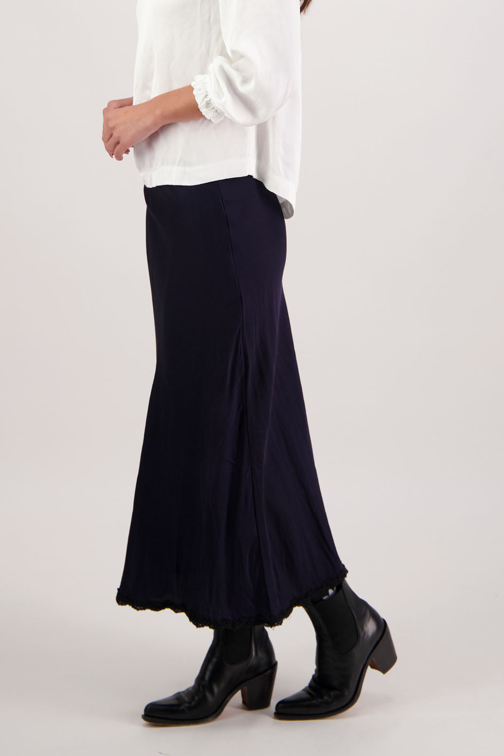 Rosie Skirt in Ink by Briarwood NZ. 100% viscose bias cut A-line skirt with lace hem